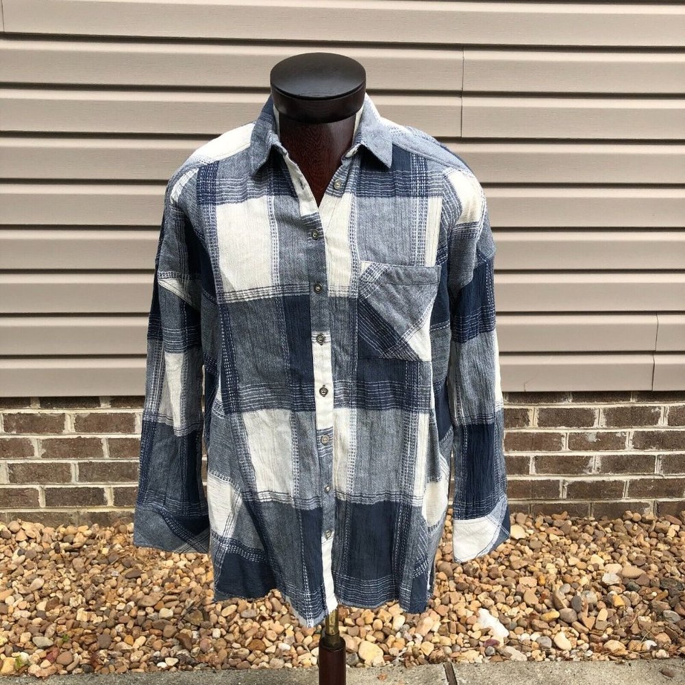 En Creme Women's Small Plaid Button Up Blue / Cream Long Sleeve with Pockets NWT